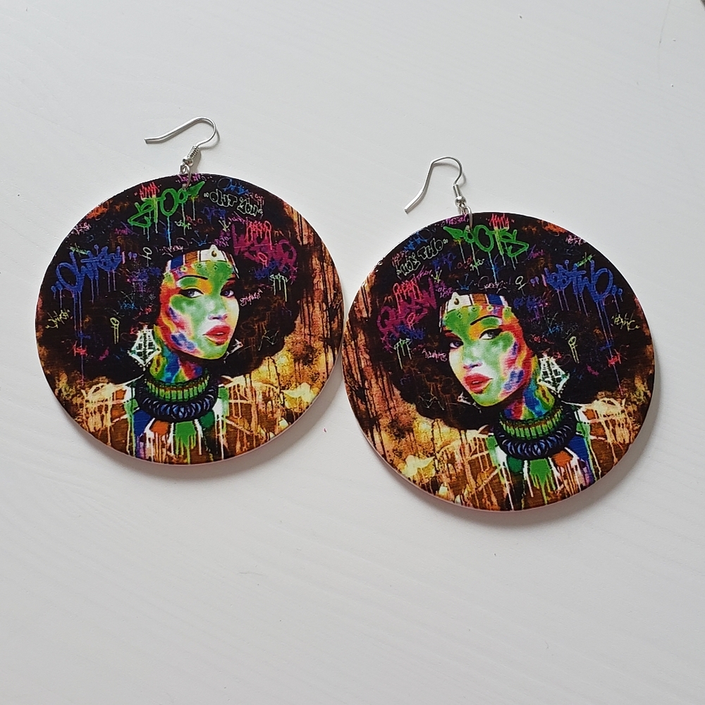 Graffiti Painted Wooden Earrings! - Picture 2 of 5